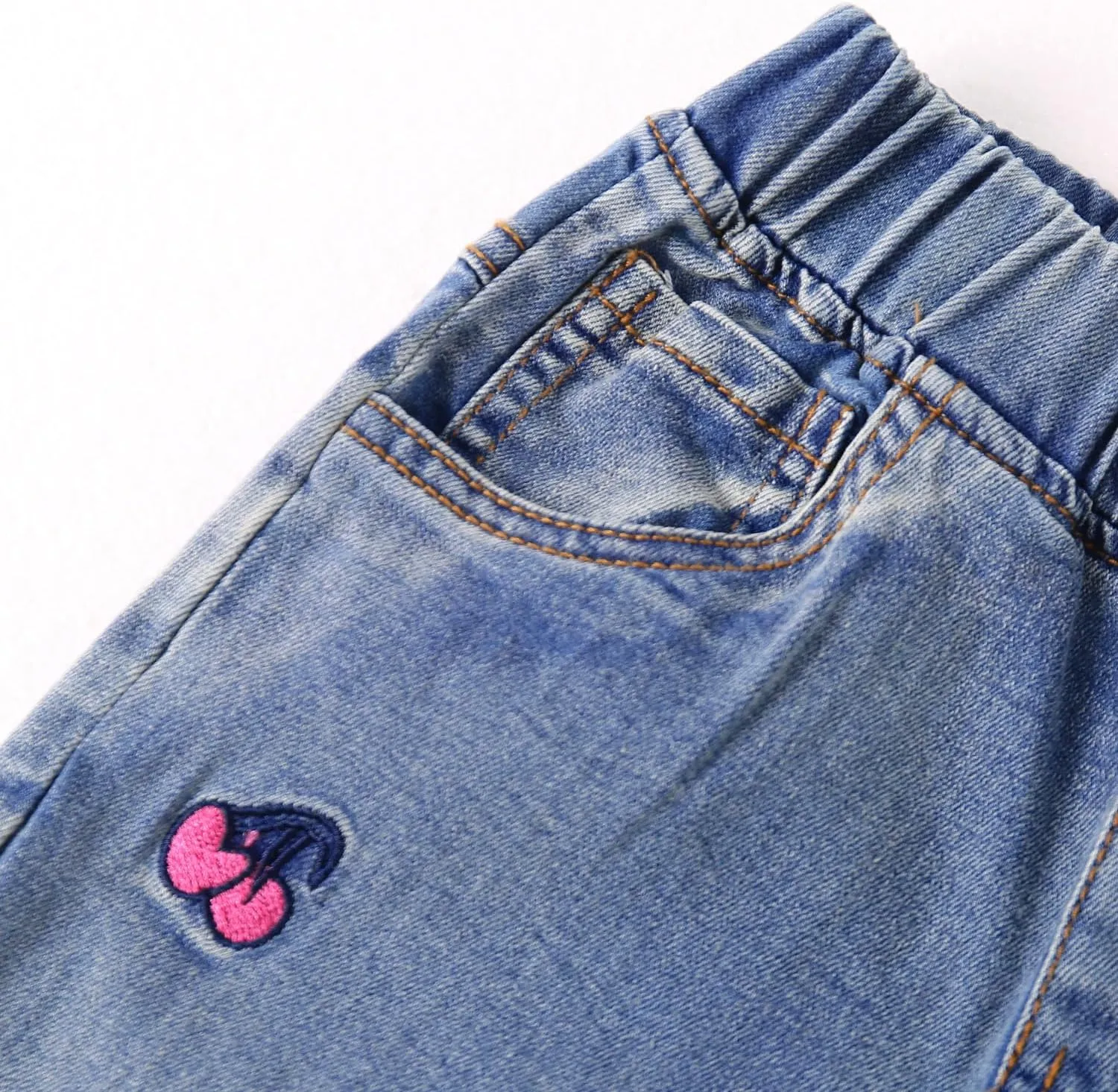 KIDSCOOL SPACE Girls Jeans, Ribbed Elastic Waist Embroidered Denim Pants