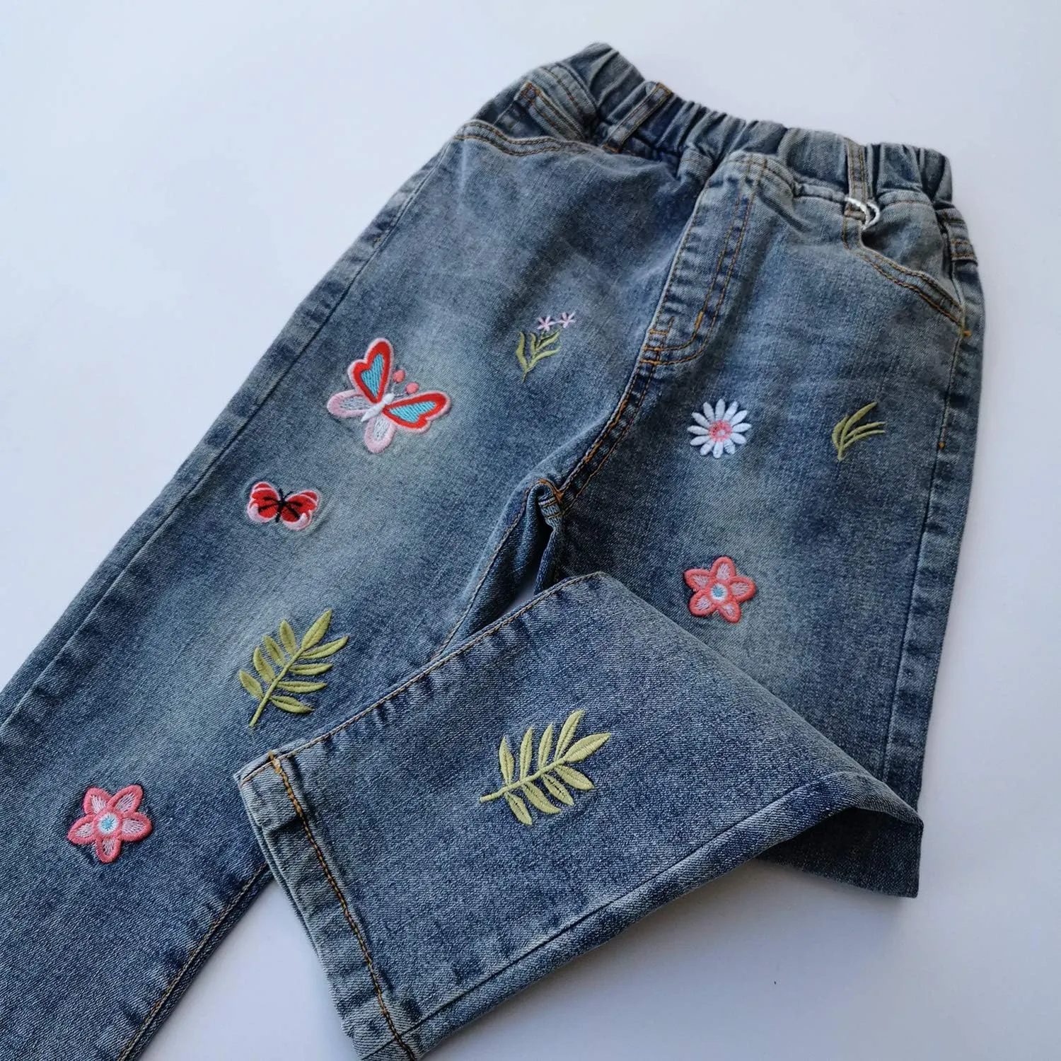 KIDSCOOL SPACE Girls Jeans, Ribbed Elastic Waist Embroidered Denim Pants