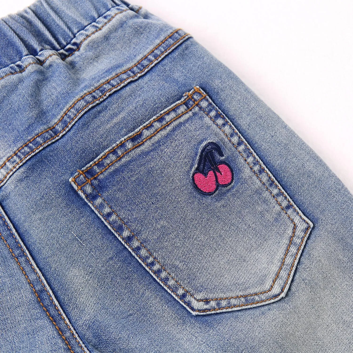 KIDSCOOL SPACE Girls Jeans, Ribbed Elastic Waist Embroidered Denim Pants