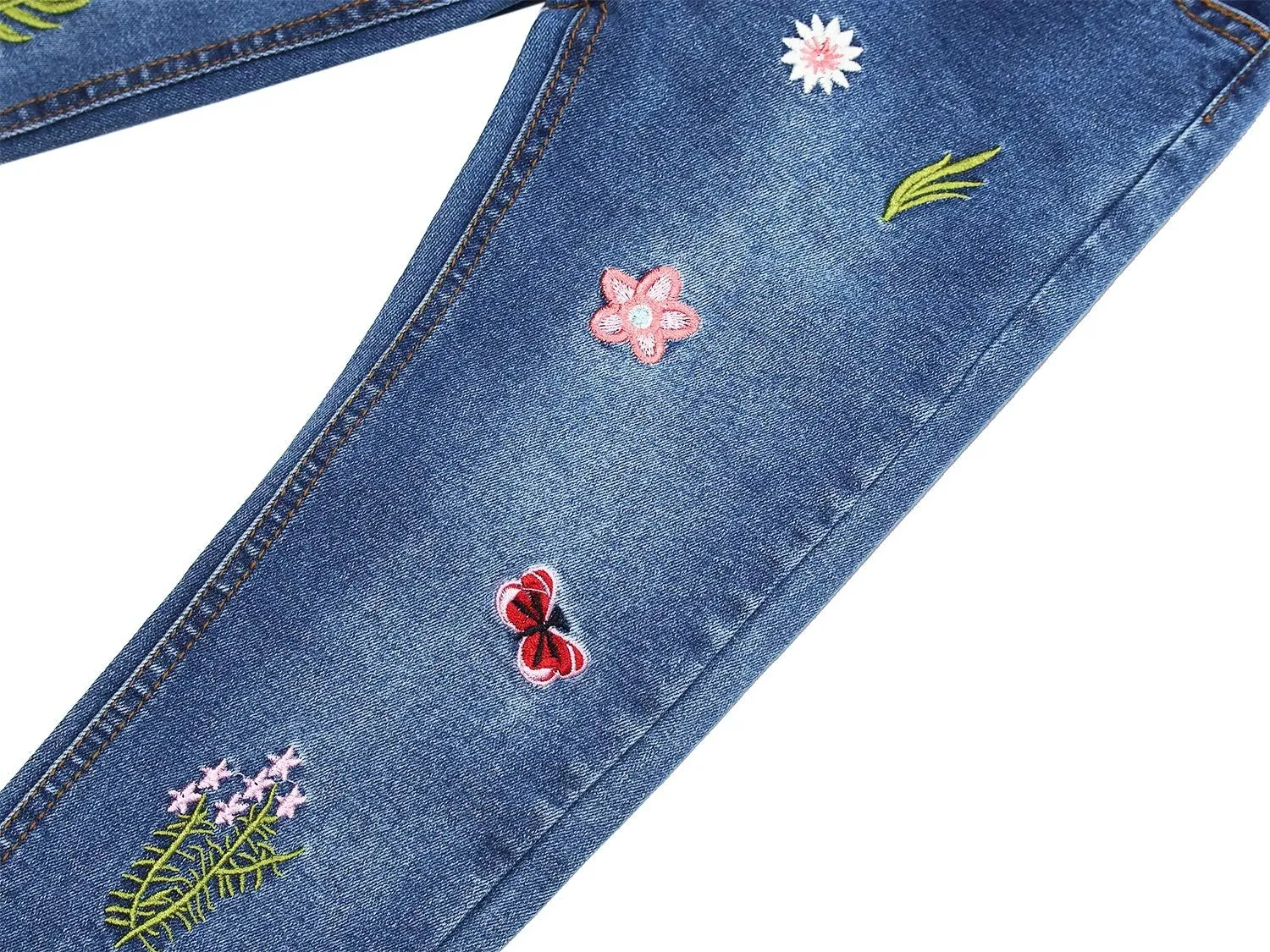 KIDSCOOL SPACE Girls Jeans, Ribbed Elastic Waist Embroidered Denim Pants