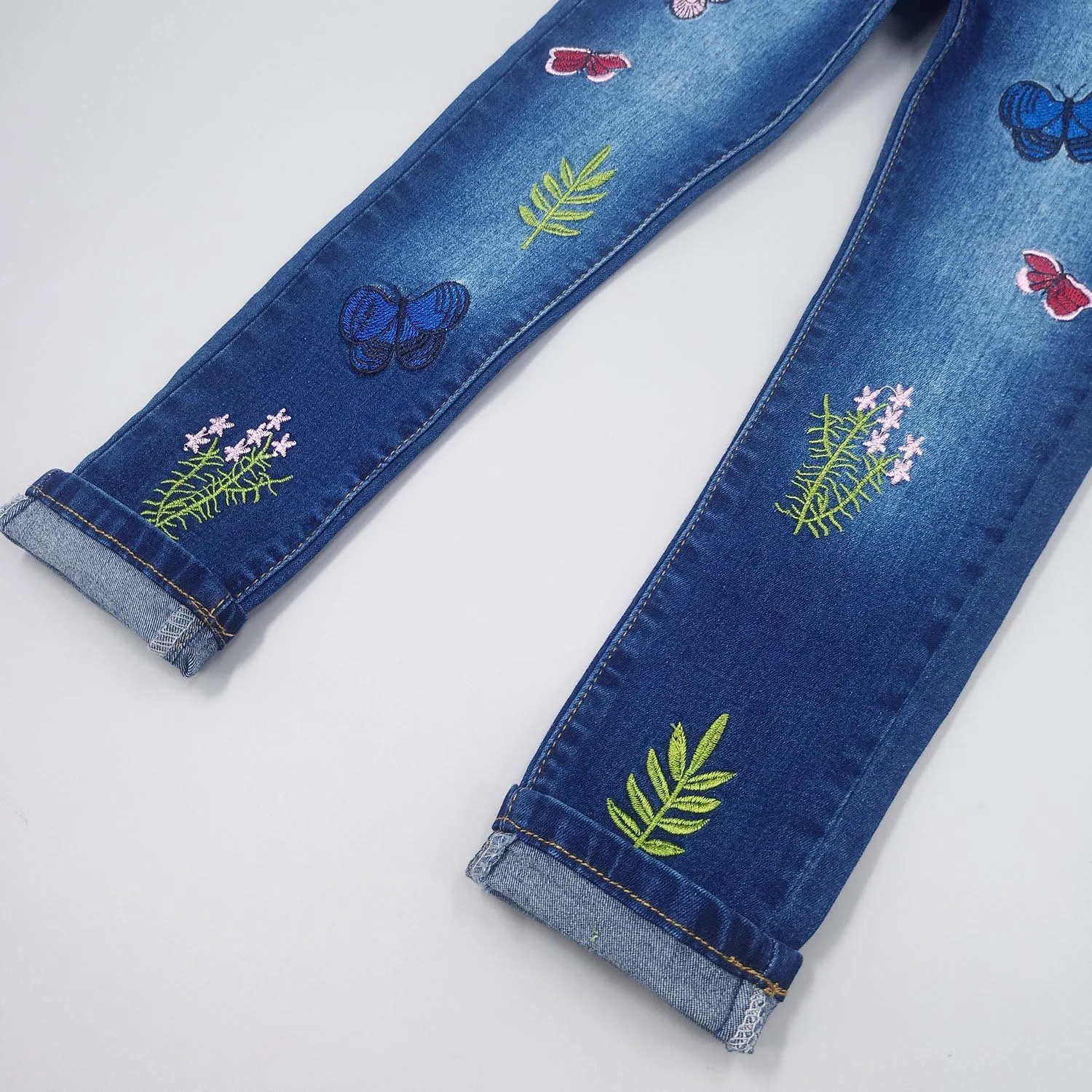 KIDSCOOL SPACE Girls Jeans, Ribbed Elastic Waist Embroidered Denim Pants