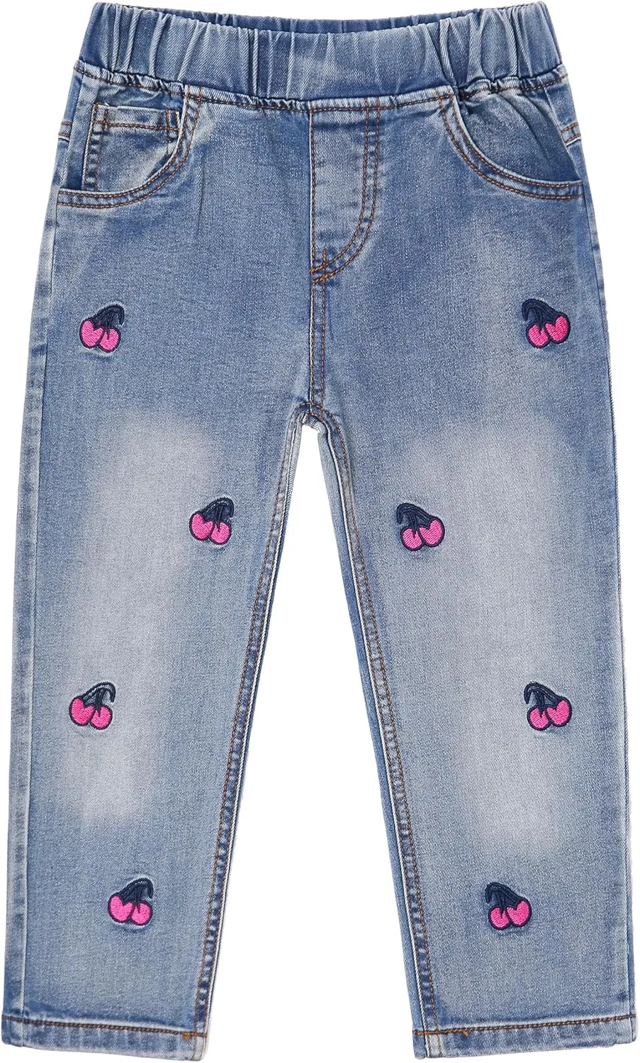 KIDSCOOL SPACE Girls Jeans, Ribbed Elastic Waist Embroidered Denim Pants