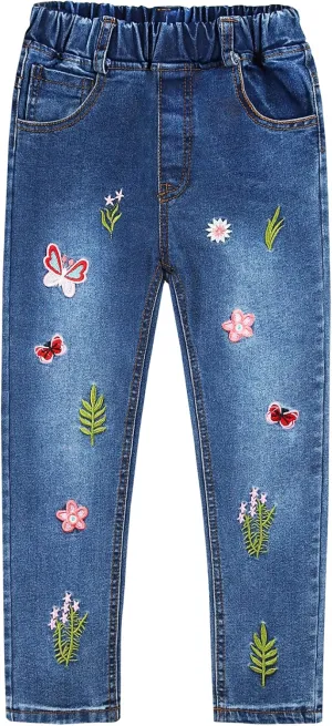 KIDSCOOL SPACE Girls Jeans, Ribbed Elastic Waist Embroidered Denim Pants