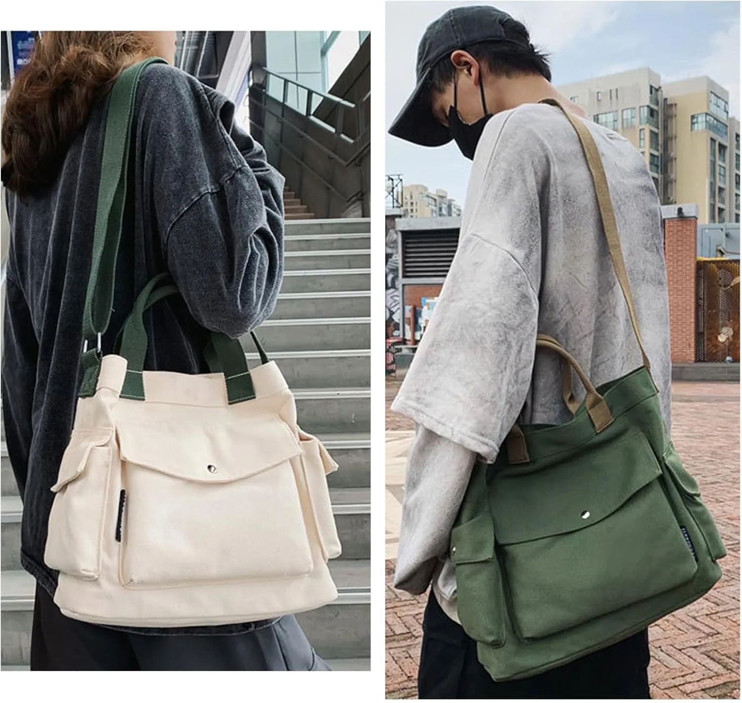 KlaOYer Canvas Messenger Bag Large Hobo Bag Crossbody Shoulder Bag Tote Bag with Pocket for Women and Men