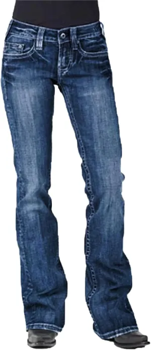 Ladies Distressed Washed Denim Trousers Stretchy Boot Cut Jeans Pocket Jeans Stretch Vintage Cotton Loose Trousers