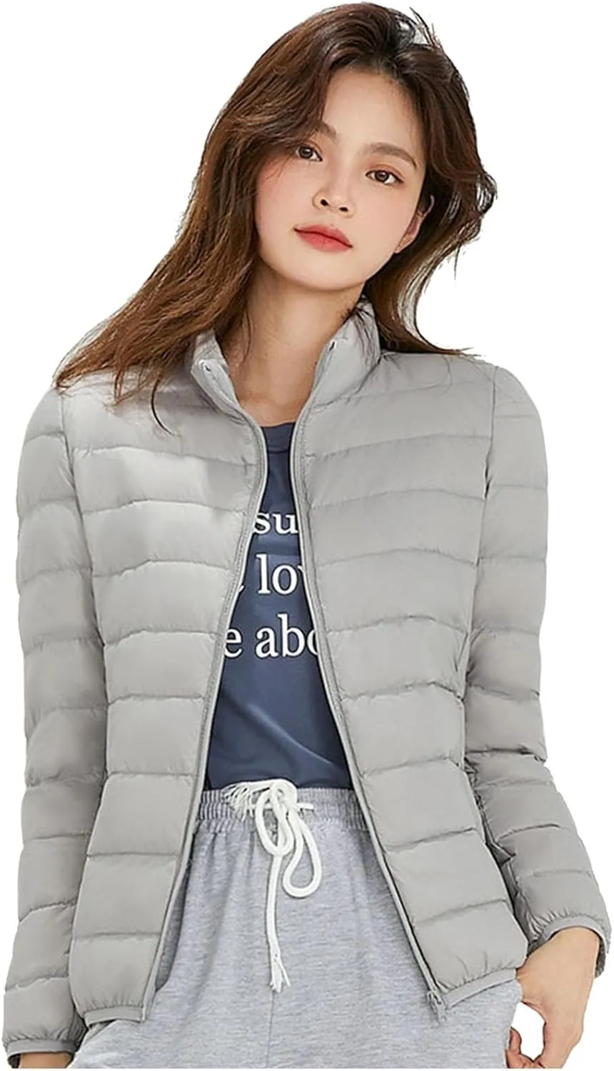 Light Jackets for Women Winter Warm Hoodless Puffer Jacket Fashion Packable Long Sleeve Zipper Down Coat with Pocket