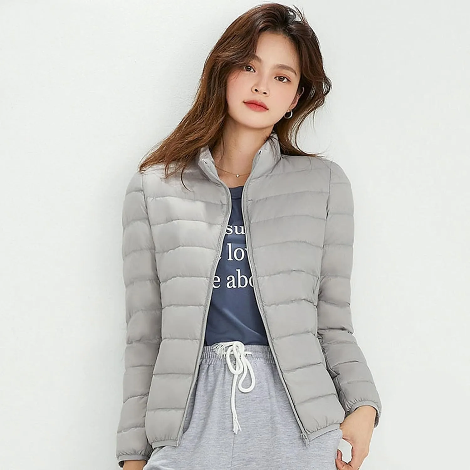 Light Jackets for Women Winter Warm Hoodless Puffer Jacket Fashion Packable Long Sleeve Zipper Down Coat with Pocket