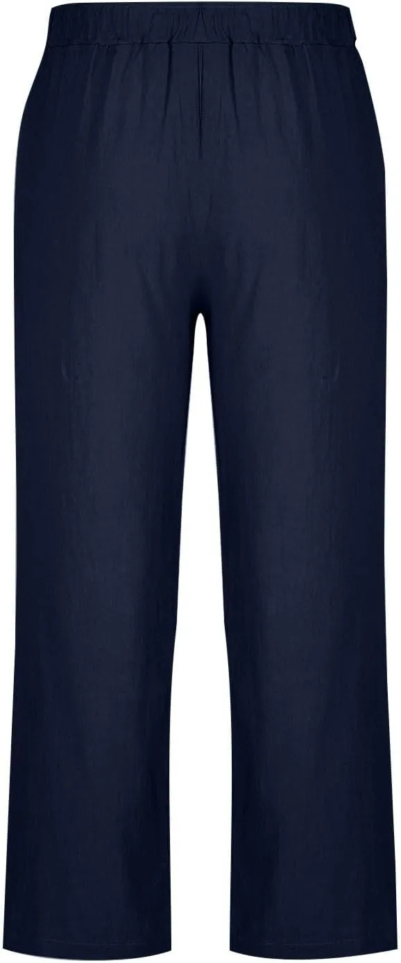 Linen Pants Men Lightweight Oversized Wide Leg Pants Summer Loose Fit Classic Drawstring Elastic Casual Pants Pockets