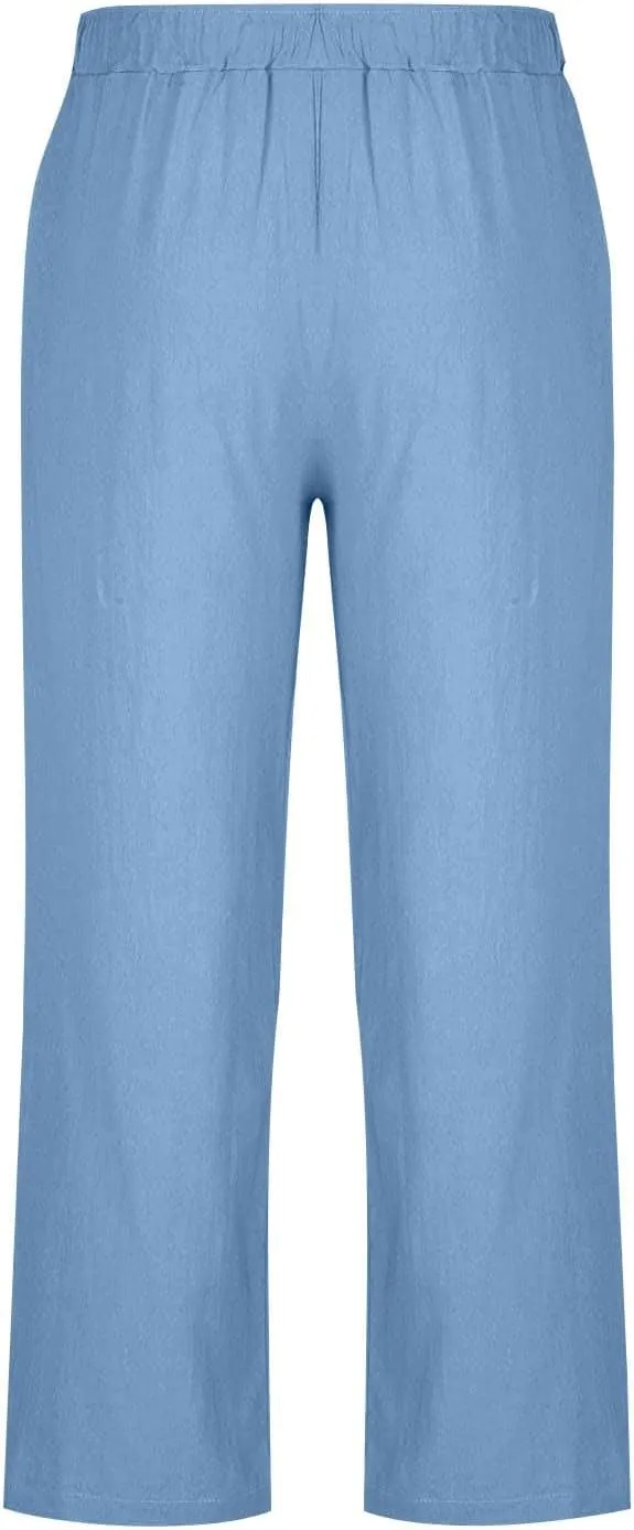 Linen Pants Men Lightweight Oversized Wide Leg Pants Summer Loose Fit Classic Drawstring Elastic Casual Pants Pockets