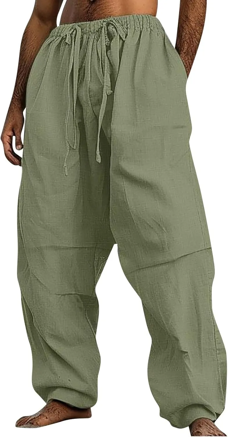 Linen Pants Men Lightweight Oversized Wide Leg Pants Summer Loose Fit Classic Drawstring Elastic Casual Pants Pockets