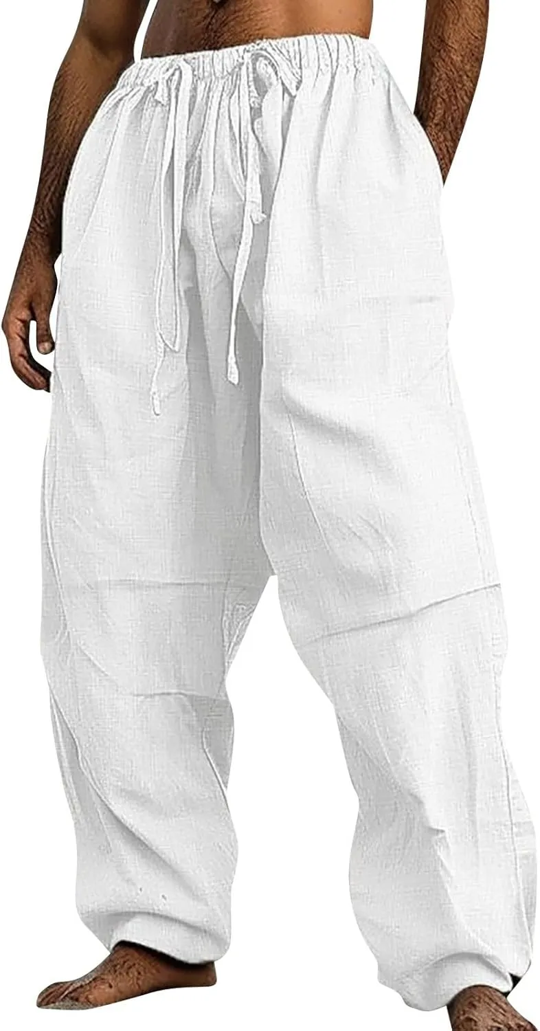 Linen Pants Men Lightweight Oversized Wide Leg Pants Summer Loose Fit Classic Drawstring Elastic Casual Pants Pockets