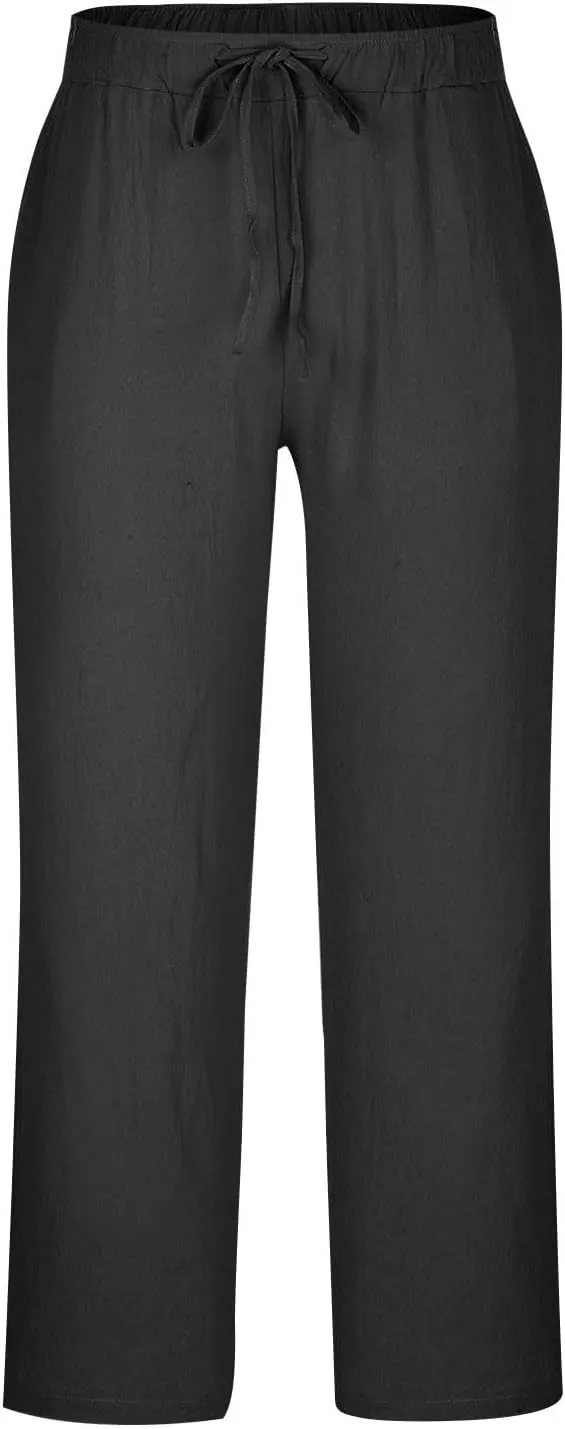 Linen Pants Men Lightweight Oversized Wide Leg Pants Summer Loose Fit Classic Drawstring Elastic Casual Pants Pockets