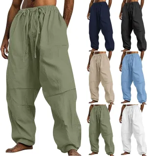 Linen Pants Men Lightweight Oversized Wide Leg Pants Summer Loose Fit Classic Drawstring Elastic Casual Pants Pockets