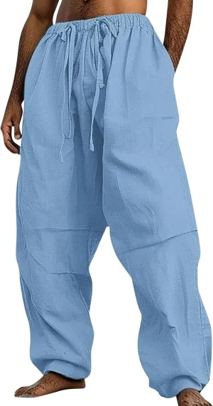 Linen Pants Men Lightweight Oversized Wide Leg Pants Summer Loose Fit Classic Drawstring Elastic Casual Pants Pockets
