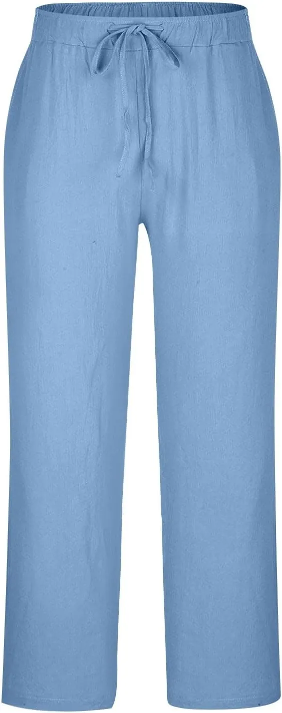 Linen Pants Men Lightweight Oversized Wide Leg Pants Summer Loose Fit Classic Drawstring Elastic Casual Pants Pockets