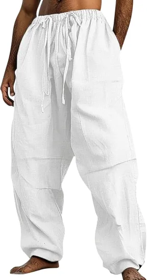 Linen Pants Men Lightweight Oversized Wide Leg Pants Summer Loose Fit Classic Drawstring Elastic Casual Pants Pockets