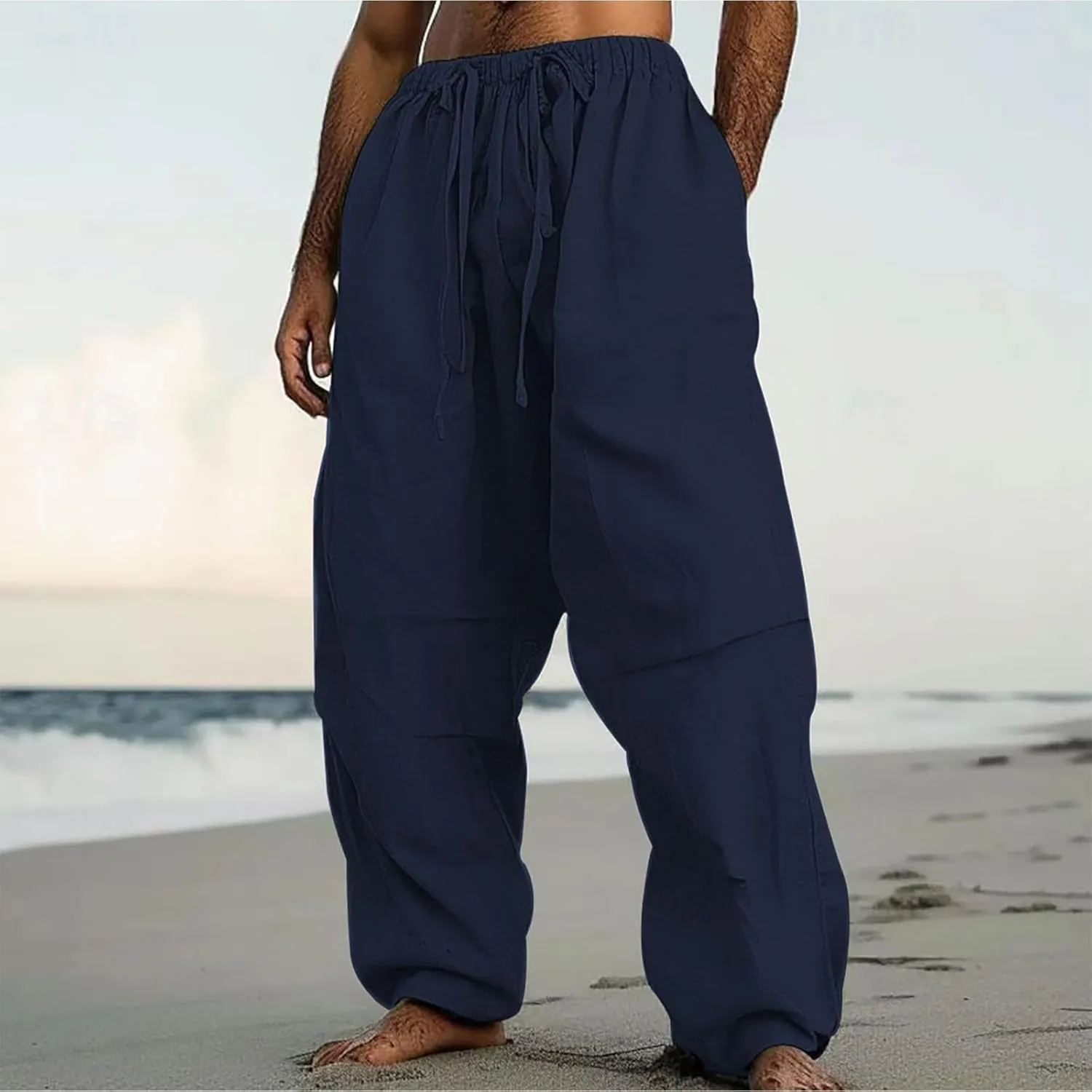Linen Pants Men Lightweight Oversized Wide Leg Pants Summer Loose Fit Classic Drawstring Elastic Casual Pants Pockets