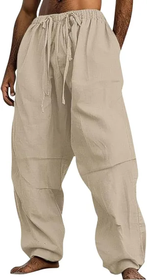 Linen Pants Men Lightweight Oversized Wide Leg Pants Summer Loose Fit Classic Drawstring Elastic Casual Pants Pockets