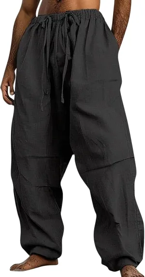 Linen Pants Men Lightweight Oversized Wide Leg Pants Summer Loose Fit Classic Drawstring Elastic Casual Pants Pockets