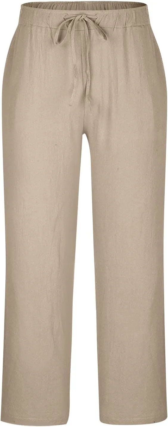 Linen Pants Men Lightweight Oversized Wide Leg Pants Summer Loose Fit Classic Drawstring Elastic Casual Pants Pockets