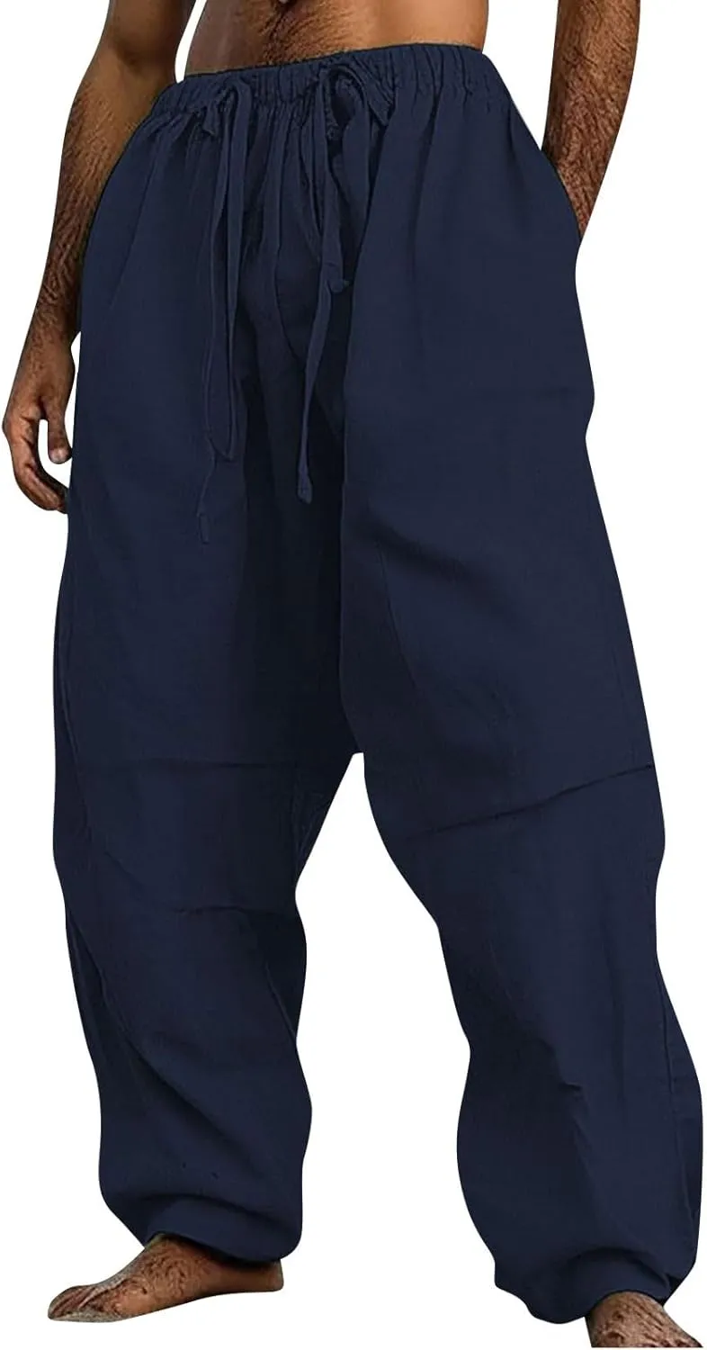Linen Pants Men Lightweight Oversized Wide Leg Pants Summer Loose Fit Classic Drawstring Elastic Casual Pants Pockets