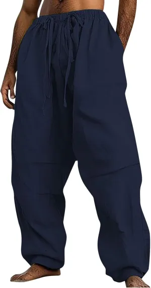 Linen Pants Men Lightweight Oversized Wide Leg Pants Summer Loose Fit Classic Drawstring Elastic Casual Pants Pockets