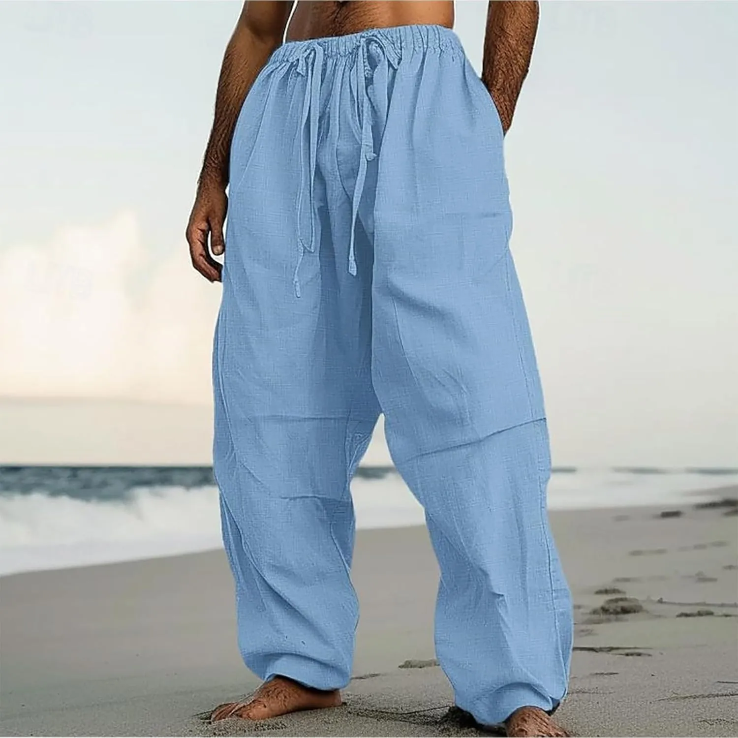 Linen Pants Men Lightweight Oversized Wide Leg Pants Summer Loose Fit Classic Drawstring Elastic Casual Pants Pockets