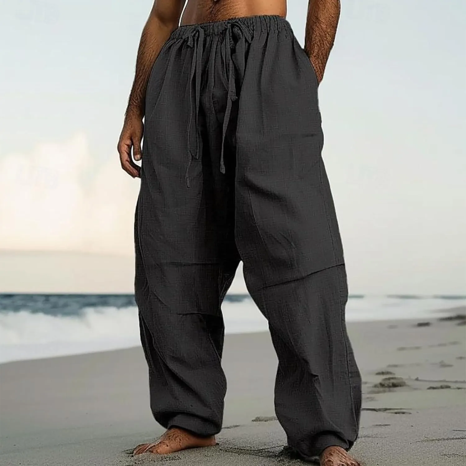 Linen Pants Men Lightweight Oversized Wide Leg Pants Summer Loose Fit Classic Drawstring Elastic Casual Pants Pockets