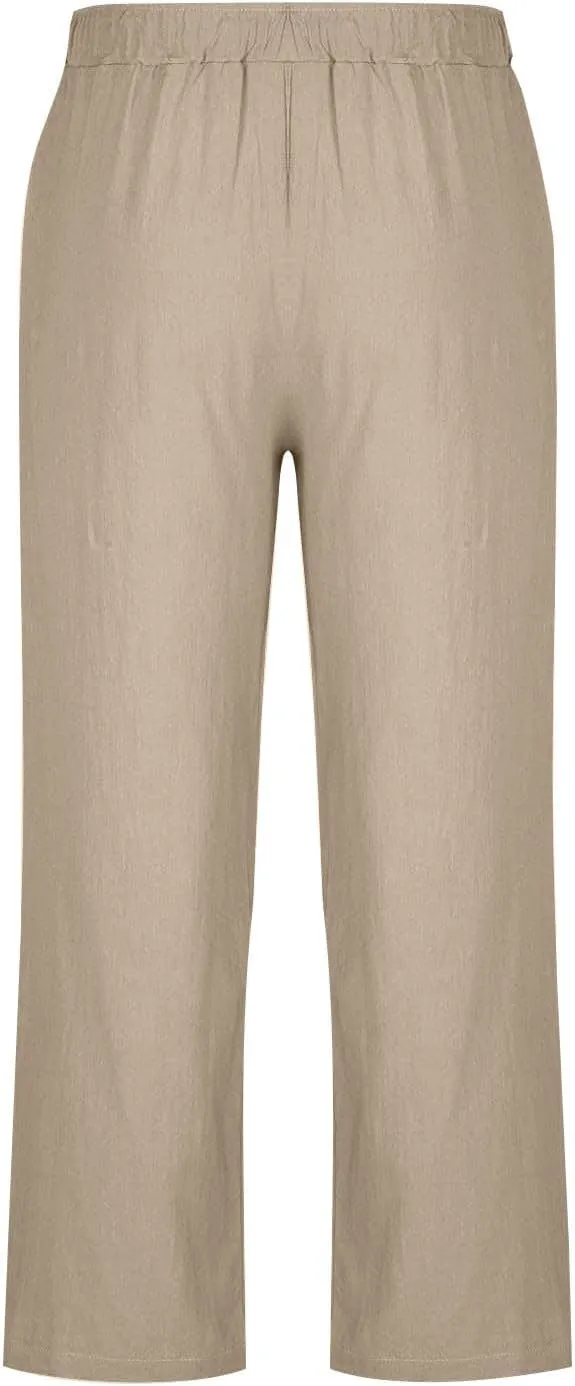 Linen Pants Men Lightweight Oversized Wide Leg Pants Summer Loose Fit Classic Drawstring Elastic Casual Pants Pockets