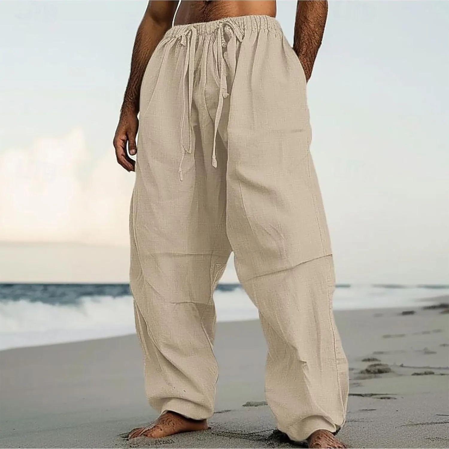 Linen Pants Men Lightweight Oversized Wide Leg Pants Summer Loose Fit Classic Drawstring Elastic Casual Pants Pockets