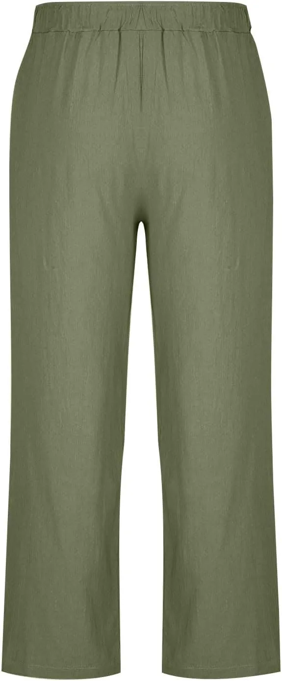 Linen Pants Men Lightweight Oversized Wide Leg Pants Summer Loose Fit Classic Drawstring Elastic Casual Pants Pockets