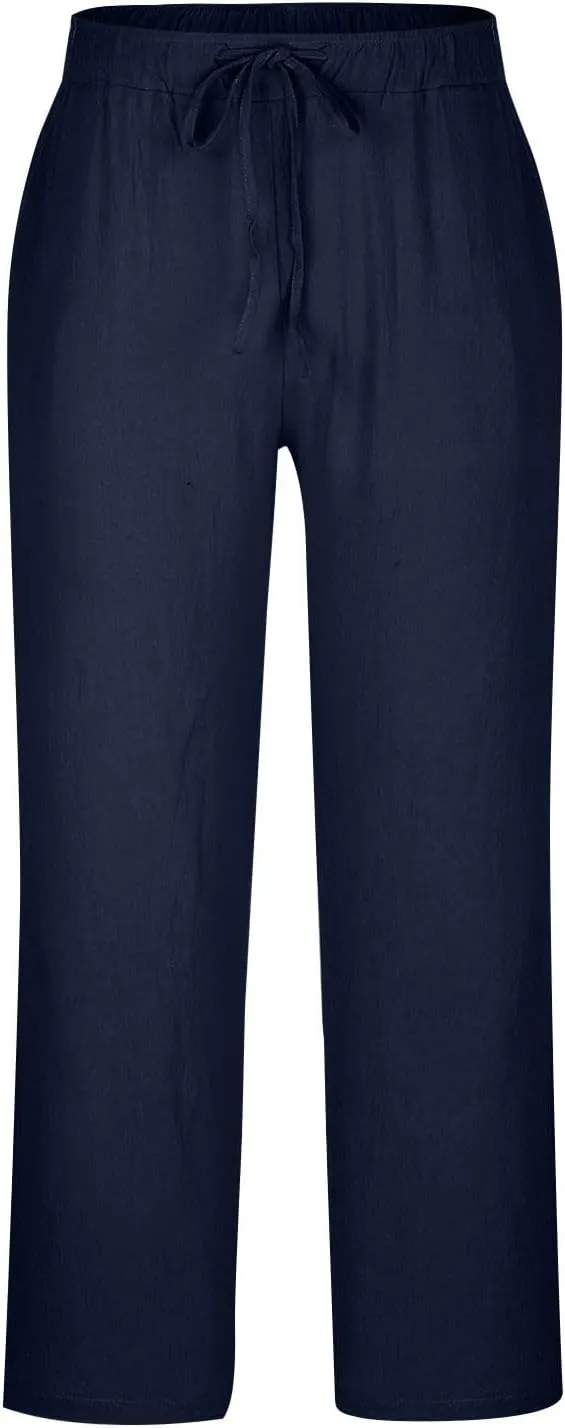 Linen Pants Men Lightweight Oversized Wide Leg Pants Summer Loose Fit Classic Drawstring Elastic Casual Pants Pockets