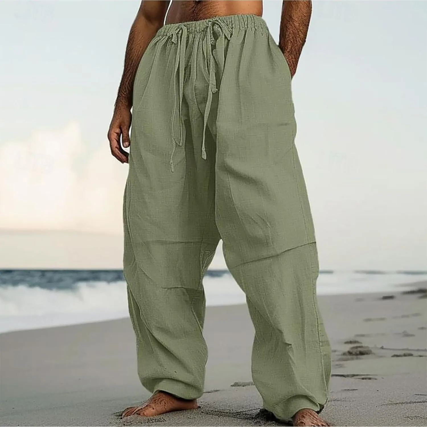Linen Pants Men Lightweight Oversized Wide Leg Pants Summer Loose Fit Classic Drawstring Elastic Casual Pants Pockets