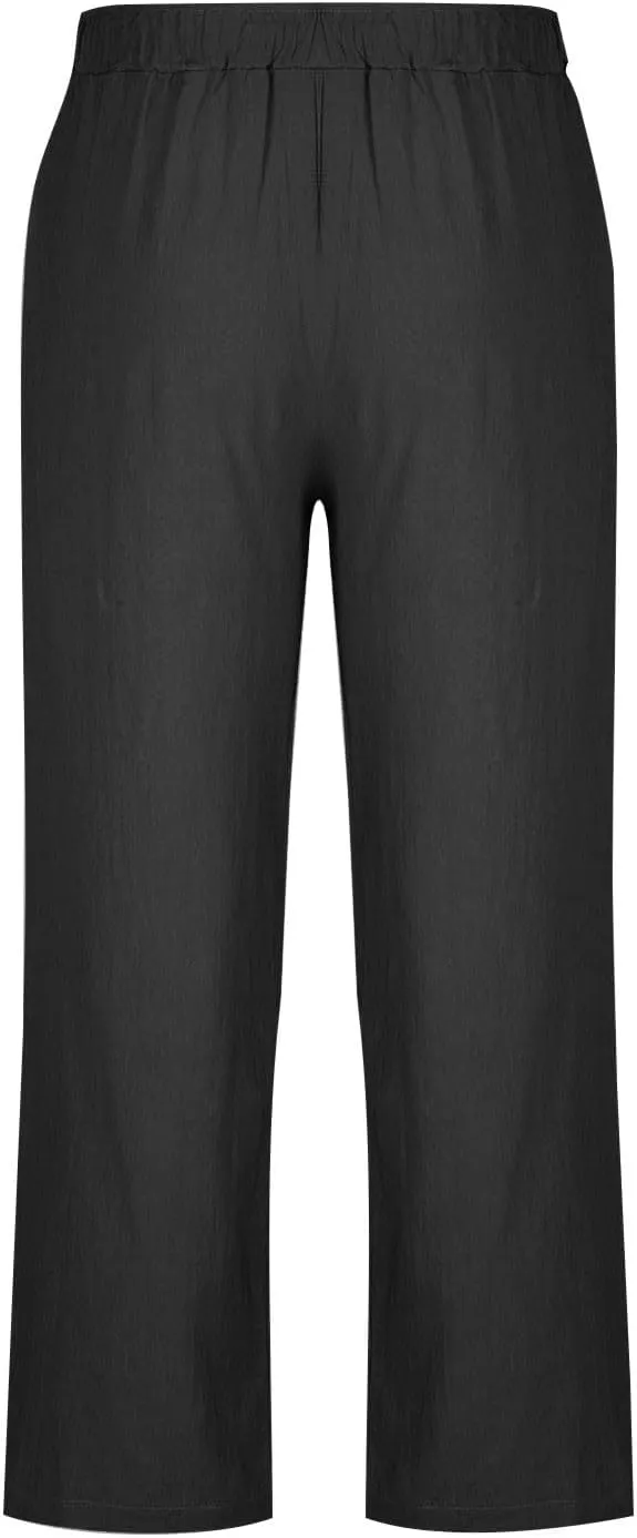 Linen Pants Men Lightweight Oversized Wide Leg Pants Summer Loose Fit Classic Drawstring Elastic Casual Pants Pockets