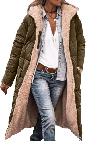 Long Fleece Jacket Women Winter Reversible Puffer Coat Sherpa Padded Down Jackets Oversized Long Sleeve Hooded Coats