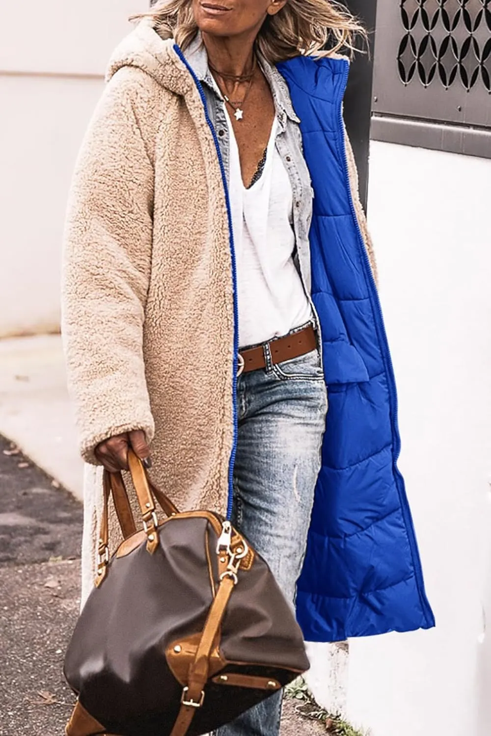 Long Fleece Jacket Women Winter Reversible Puffer Coat Sherpa Padded Down Jackets Oversized Long Sleeve Hooded Coats