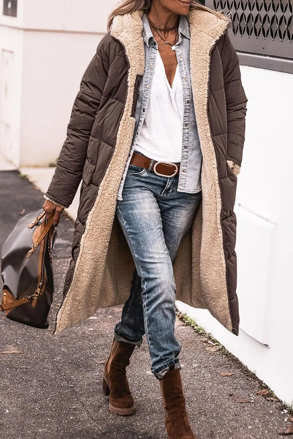 Long Fleece Jacket Women Winter Reversible Puffer Coat Sherpa Padded Down Jackets Oversized Long Sleeve Hooded Coats