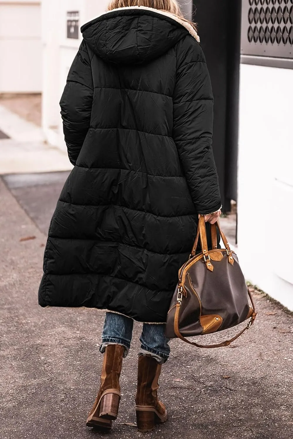 Long Fleece Jacket Women Winter Reversible Puffer Coat Sherpa Padded Down Jackets Oversized Long Sleeve Hooded Coats
