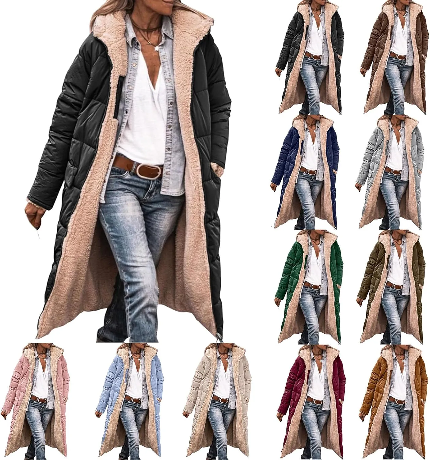 Long Fleece Jacket Women Winter Reversible Puffer Coat Sherpa Padded Down Jackets Oversized Long Sleeve Hooded Coats
