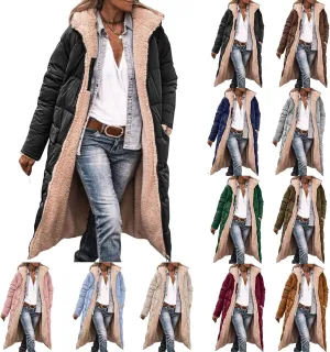 Long Fleece Jacket Women Winter Reversible Puffer Coat Sherpa Padded Down Jackets Oversized Long Sleeve Hooded Coats