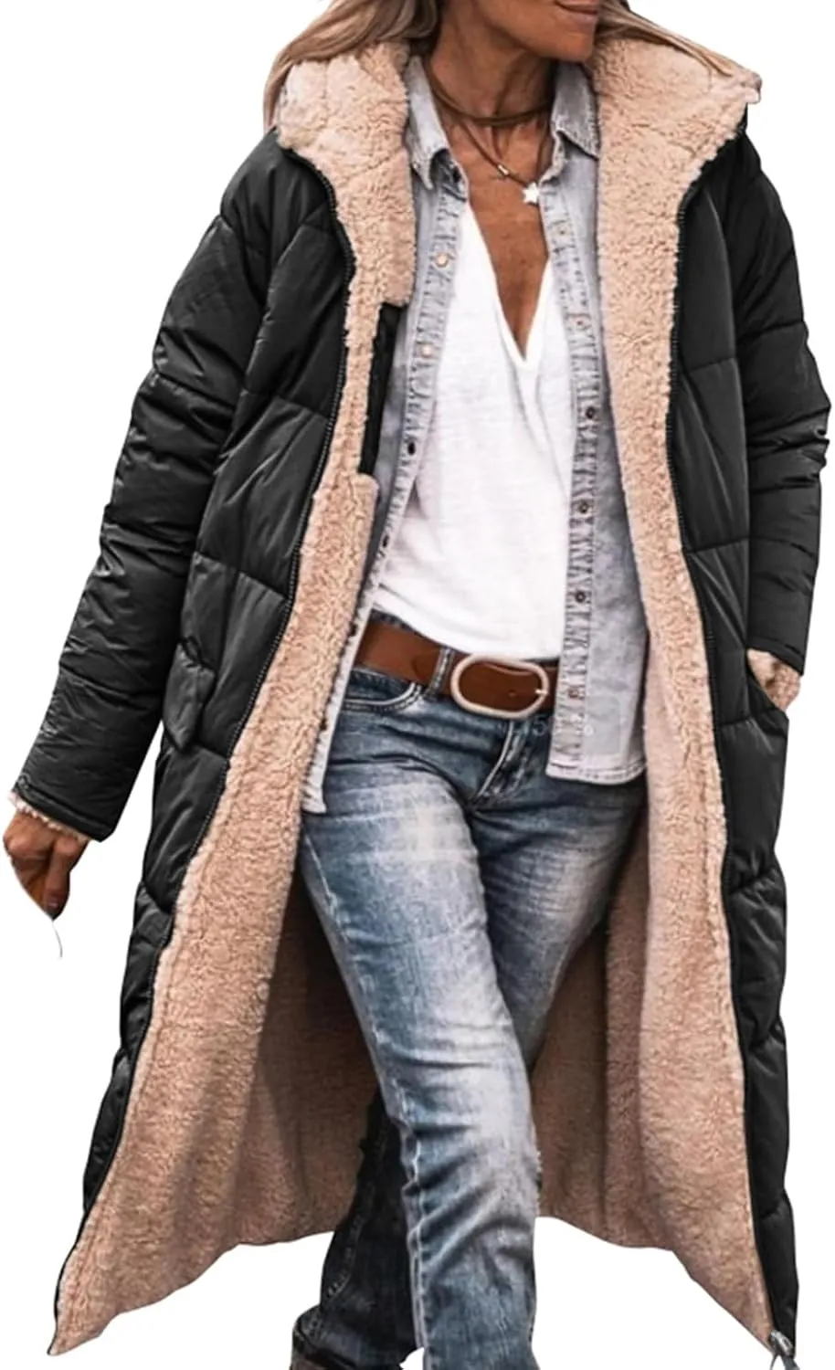 Long Fleece Jacket Women Winter Reversible Puffer Coat Sherpa Padded Down Jackets Oversized Long Sleeve Hooded Coats