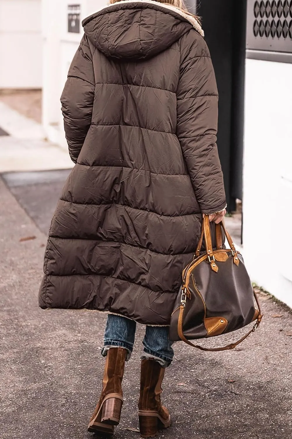 Long Fleece Jacket Women Winter Reversible Puffer Coat Sherpa Padded Down Jackets Oversized Long Sleeve Hooded Coats