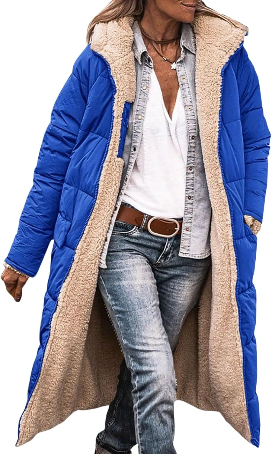 Long Fleece Jacket Women Winter Reversible Puffer Coat Sherpa Padded Down Jackets Oversized Long Sleeve Hooded Coats