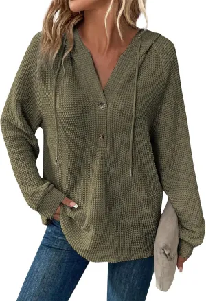 Long Sleeve Shirts for Women Waffle Knit Tunic Sweater Tops Casual Button Down Blouses Top Soft Hooded Sweatshirts
