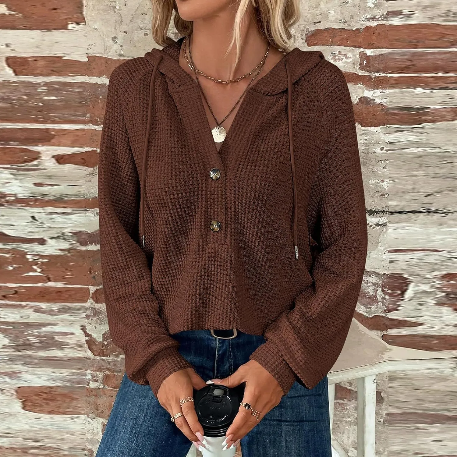 Long Sleeve Shirts for Women Waffle Knit Tunic Sweater Tops Casual Button Down Blouses Top Soft Hooded Sweatshirts