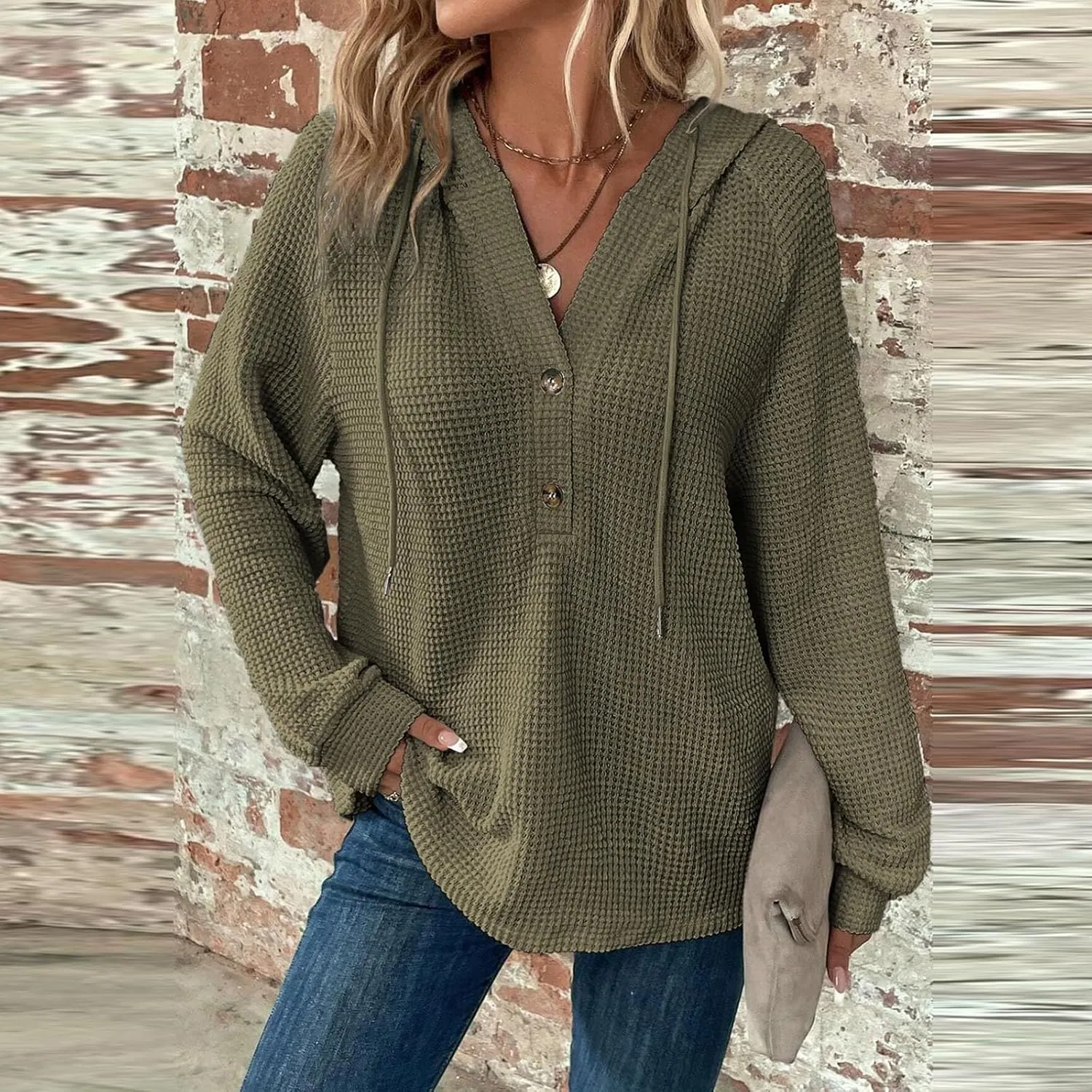 Long Sleeve Shirts for Women Waffle Knit Tunic Sweater Tops Casual Button Down Blouses Top Soft Hooded Sweatshirts