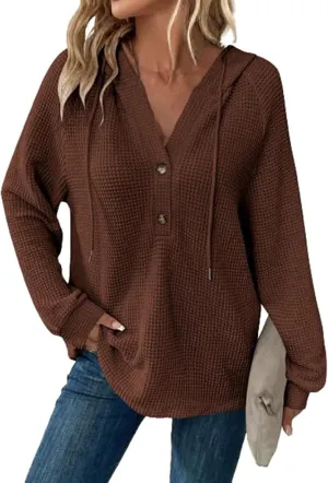 Long Sleeve Shirts for Women Waffle Knit Tunic Sweater Tops Casual Button Down Blouses Top Soft Hooded Sweatshirts