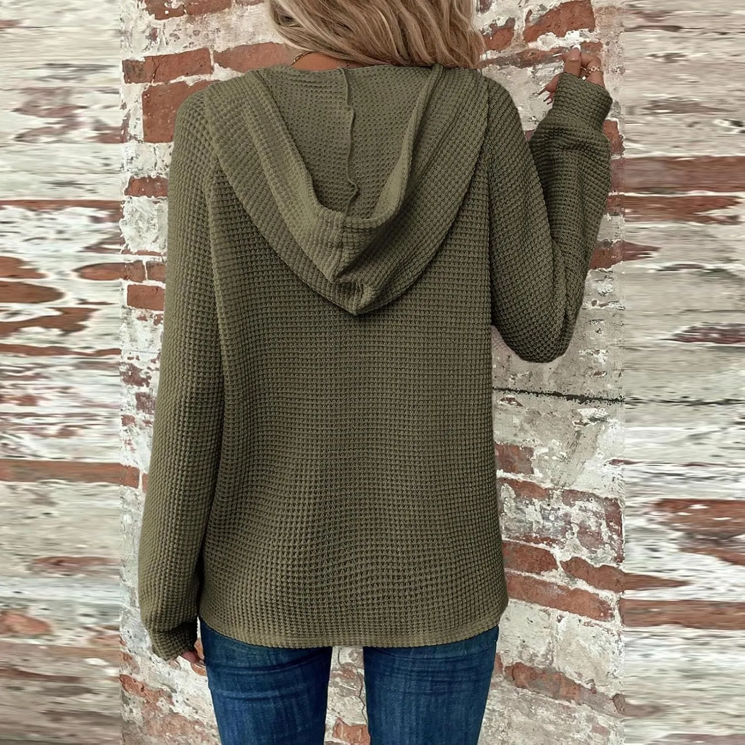 Long Sleeve Shirts for Women Waffle Knit Tunic Sweater Tops Casual Button Down Blouses Top Soft Hooded Sweatshirts