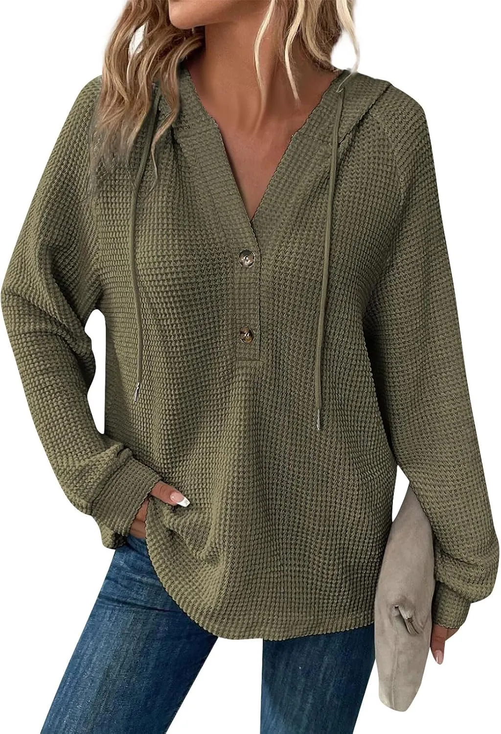 Long Sleeve Shirts for Women Waffle Knit Tunic Sweater Tops Casual Button Down Blouses Top Soft Hooded Sweatshirts