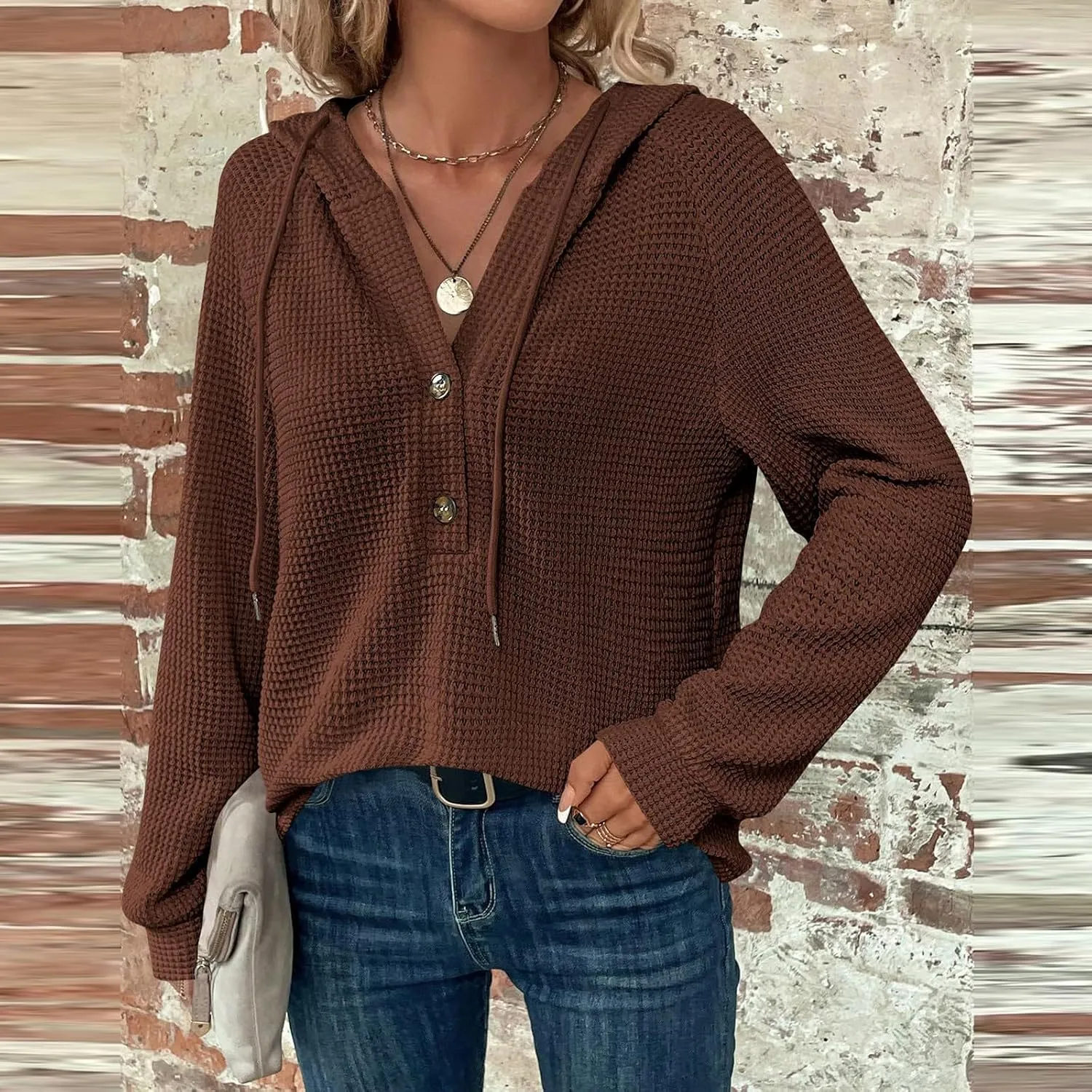 Long Sleeve Shirts for Women Waffle Knit Tunic Sweater Tops Casual Button Down Blouses Top Soft Hooded Sweatshirts